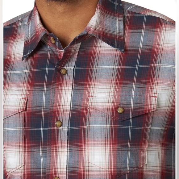 Wrangler Slim Fit Stretch Plaid Pearl Snap Shirt. Red Blue White XXL 2XL R1 - Picture 15 of 15